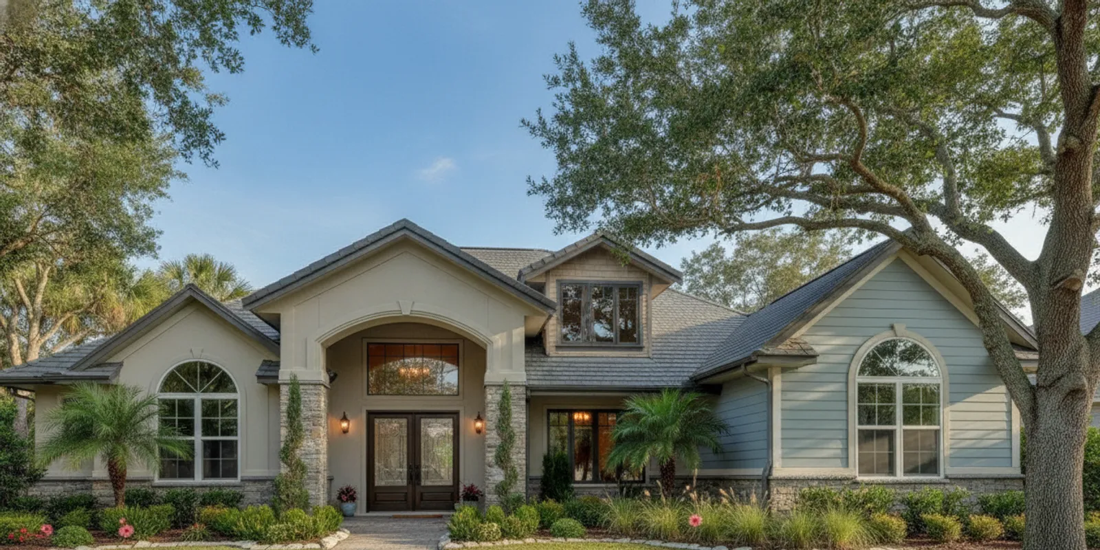 Exterior double doors at a Florida home framed by a covered entry